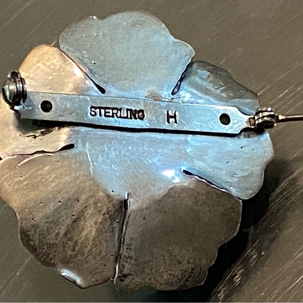 Sterling Silver Flower Brooch Ruby Red Stones 16gm - image 4